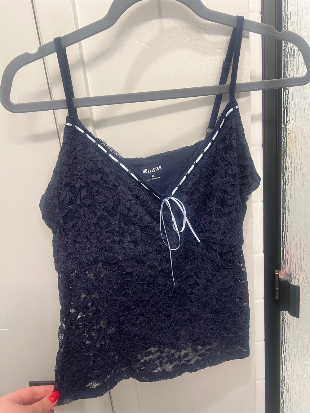 Hollister Navy Floral Lace Camisole with Ribbon Tie